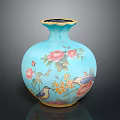 Elegant Turquoise Vase With Painted Floral Patterns And Colorful Birds Design