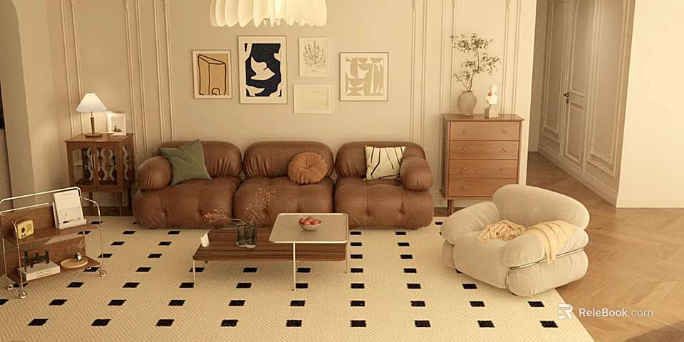 Brown Leather Sofa and Coffee Table Set with Pillows Black White Rug and Decorative Art 3d model 