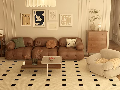 Brown Leather Sofa and Coffee Table Set with Pillows Black White Rug and Decorative Art 3d model