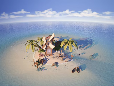 Cartoon Style Tropical Island Scene With Windmill Palm Trees Beach Hut And Ocean 3d model