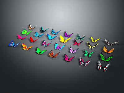 Colorful Flying Butterflies of Various Colors Arranged in Pattern on Gray Background 3d model
