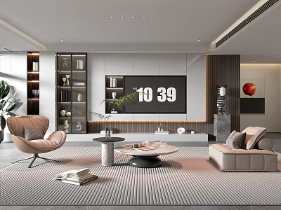 Modern Living Room Interior With TV Sofa Coffee Table Bookshelf And Decorative Plants 3d model