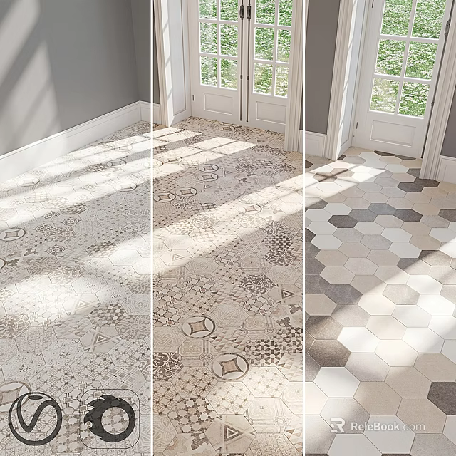 Decorative Floor Tiles With Hexagonal Patterns And Intricate Designs Under Natural Light 3d model