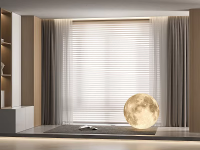 White Blinds In Modern Interior With Gray Curtains And Moon Shaped Decor 3d model