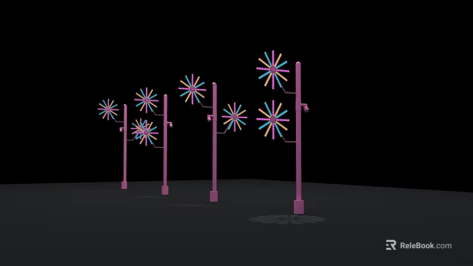 Vibrant Art Installation With Multiple Pink Poles And Colorful Flower Decorations 3d model 