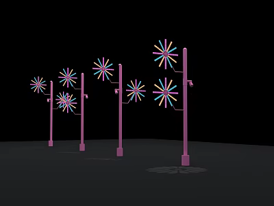 Vibrant Art Installation With Multiple Pink Poles And Colorful Flower Decorations 3d model