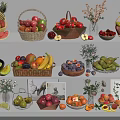 Fresh Fruits Display in Baskets and Bowls Featuring Various Types Apples Bananas Strawberries on Shelves