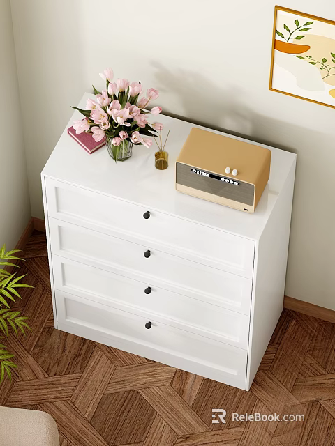 White Chest of Drawers with Pink Flowers Vase Book and Golden Radio on Wooden Floor 3d model 