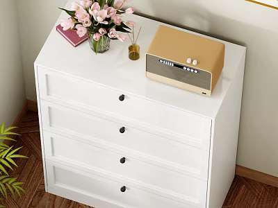 White Chest of Drawers with Pink Flowers Vase Book and Golden Radio on Wooden Floor 3d model