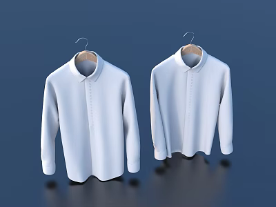 Two White Shirts Hanging On Wooden Hangers Against Dark Blue Background 3d model