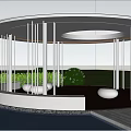 Round White Gazebo Structure With Pillars Water Reflection And Green Lawn Seats