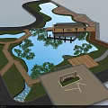 Garden Landscape With Lotus Pond Pink Flowers Green Leaves And Wooden Pavilion