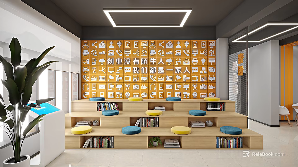 Modern Book Art Space With Stepped Shelves And Colorful Cushions 3d model 