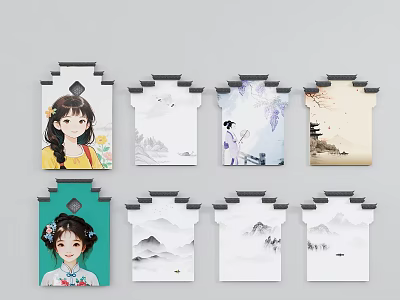 Various Scenic Wall Designs With Traditional Mountain Landscape And Figure Illustrations 3d model