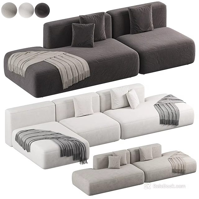 Modern Modular Sectional Sofa In Gray And White With Soft Pillows And Throw Blankets 3d model 