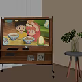 TV Stand In Sunlit Room With Animated Children Eating And Green Plant