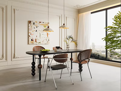 Modern Dining Table Set With Stylish Chairs Pendant Lights And Wall Art Decor 3d model