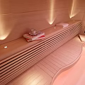 Modern Sauna Interior Design With Wooden Structure And LED Lighting Glass Door And Comfortable Seats