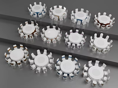 Multiple Round Table And Chair Sets With White Brown Small Chairs On Grey Platform 3d model