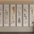 Abstract Traditional Chinese Paintings With Calligraphy And Floral Elements On Wall