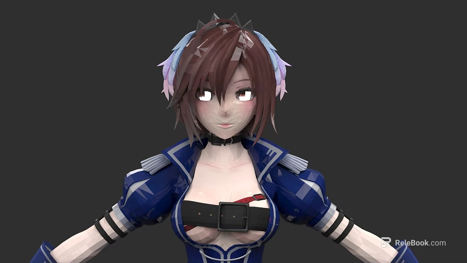 Woman With Brown Hair And Blue Purple Hair Accessories In Blue Outfit With Black Belt 3d model 