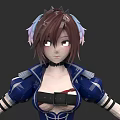 Woman With Brown Hair And Blue Purple Hair Accessories In Blue Outfit With Black Belt