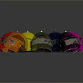 Colorful Tactical Weapon Helmets with Transparent Visors Arranged in Circle