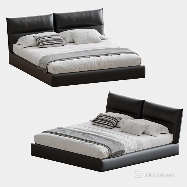 Modern Double Bed With Black Leather Headboard White Sheets And Striped Pillows 3d model 