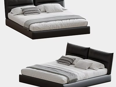 Modern Double Bed With Black Leather Headboard White Sheets And Striped Pillows 3d model