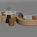 Modern Curved Sofa Seating Area With Beige Orange Cushions Round Table And Green Plant