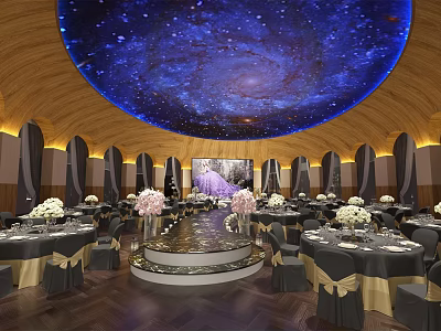 Elegant Banquet Hall with Starry Ceiling Circular Stage and White Floral Arrangements 3d model