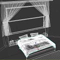 Double Bed with Gray Bedding Purple Curtains Window Nightstand and Plaid Rug