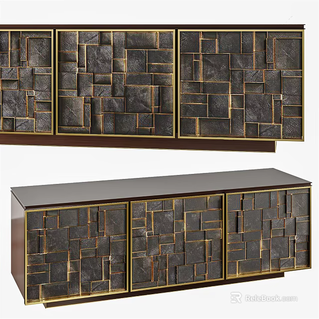 Modern TV Stand With Geometric Pattern Dark Finish And Gold Accents 3d model 