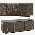 Modern TV Stand With Geometric Pattern Dark Finish And Gold Accents