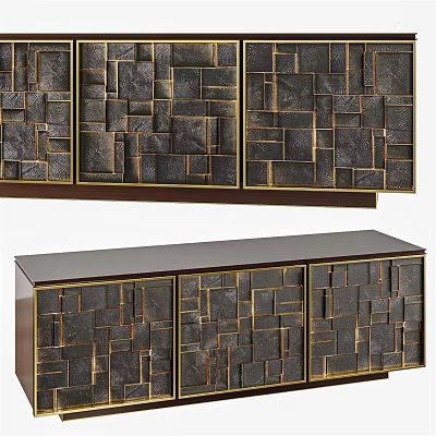 Modern TV Stand With Geometric Pattern Dark Finish And Gold Accents 3d model