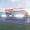 Modern Industrial Factory Building With Glass Facade Red White Exterior And Parking Area