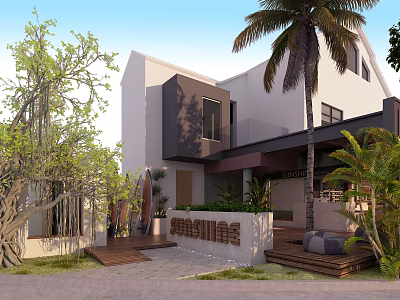 Modern Detached Villa with Palm Trees Lush Greenery and Wooden Deck Entrance 3d model