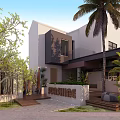 Modern Detached Villa with Palm Trees Lush Greenery and Wooden Deck Entrance