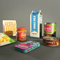 Assorted Packaged Food Items With Corn Flakes Milk Carton Snack Bags And Cans