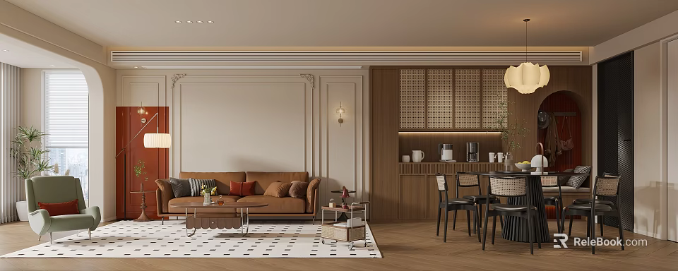 Cozy Modern Living And Dining Room Interior With Brown Sofa Checkered Rug And Wooden Furniture 3d model 