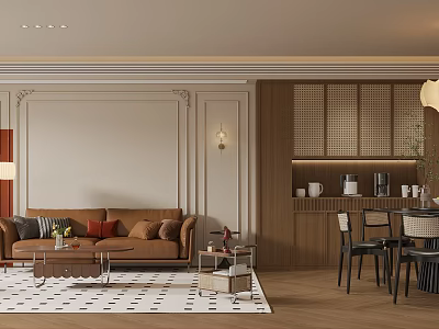 Cozy Modern Living And Dining Room Interior With Brown Sofa Checkered Rug And Wooden Furniture 3d model