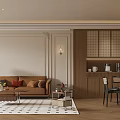 Cozy Modern Living And Dining Room Interior With Brown Sofa Checkered Rug And Wooden Furniture