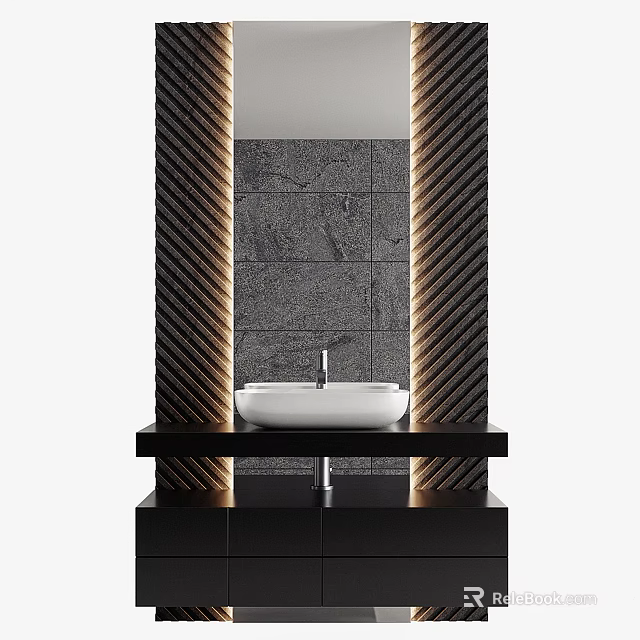 Modern Bathroom Washbasin Design With White Basin Black Countertop And Textured Wall 3d model 