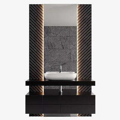 Modern Bathroom Washbasin Design With White Basin Black Countertop And Textured Wall 3d model