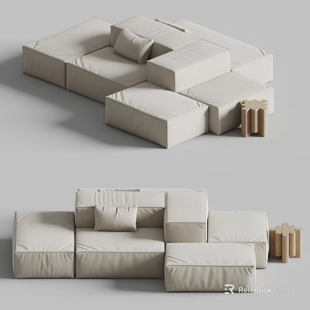 Light Beige Modular Sectional Sofa Featuring Multiple Modules And Wooden Accent Pieces 3d model