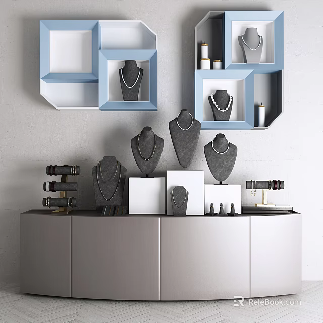 Elegant Jewelry Display With Necklaces On Stands And Modern Shelves And Counter 3d model 