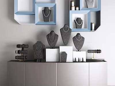 Elegant Jewelry Display With Necklaces On Stands And Modern Shelves And Counter 3d model