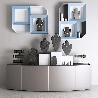 Elegant Jewelry Display With Necklaces On Stands And Modern Shelves And Counter 3d model