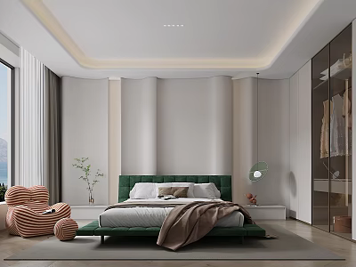 Modern Bedroom With Green Upholstered Bed Brown Throw Blanket Pink Striped Chair Glass Door Wardrobe And Plant 3d model