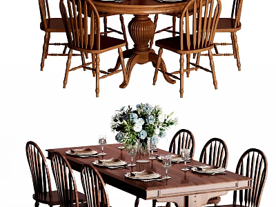 Traditional Wooden Dining Table Set With Chairs Plates Glasses And Flower Arrangement 3d model